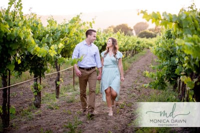 Newly engaged couple walking through a vineyard in Gilroy CA