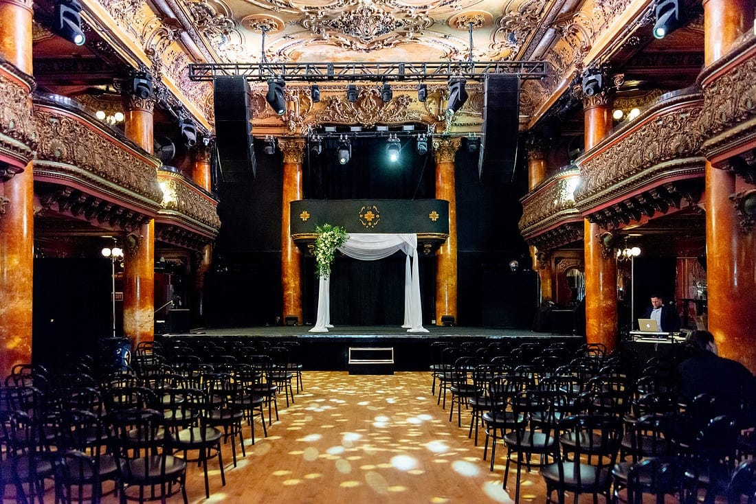 Wedding ceremony setup inside the historic Great American Music Hall in San Francisco.